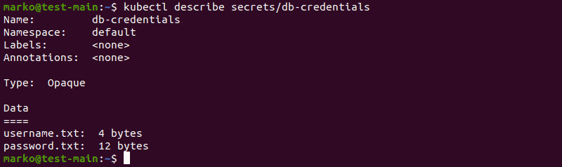 Using kubectl describe to view information about secrets