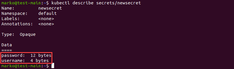 Using kubectl describe to view information about secrets made with string literals