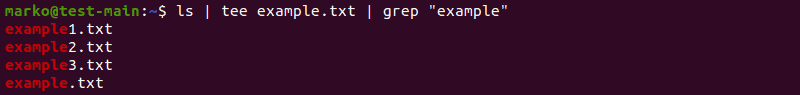Passing the output of the ls command to the grep command using tee