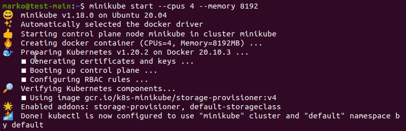 Starting minikube and allocating the number of CPUs and memory