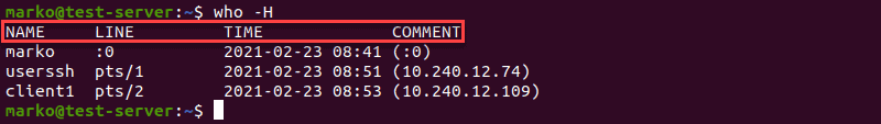 Displaying column headers in the output of the who command