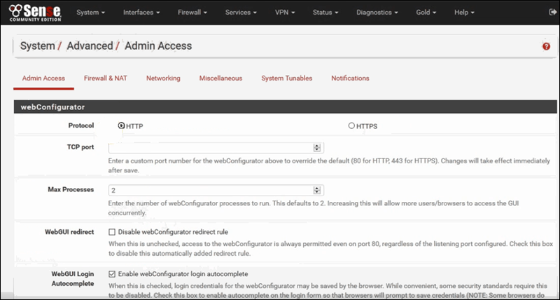 The pfSense WebGUI web interface.