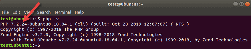 ubuntu terminal php -v command showing the installed PHP version