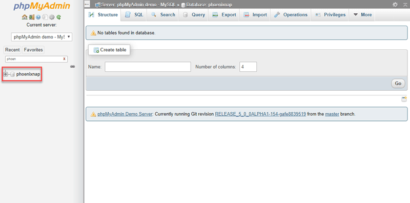 select a database in phpmyadmin