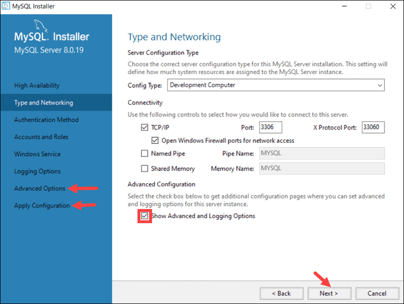 Change port number or Show Advanced Options for MySQL configuration.