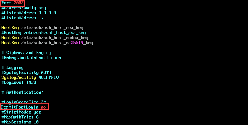 Settings in sshd config file of port 2002