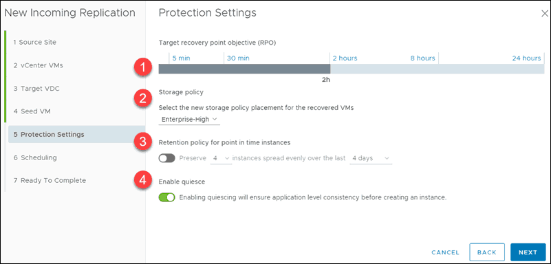 protection settings interface for incoming replication