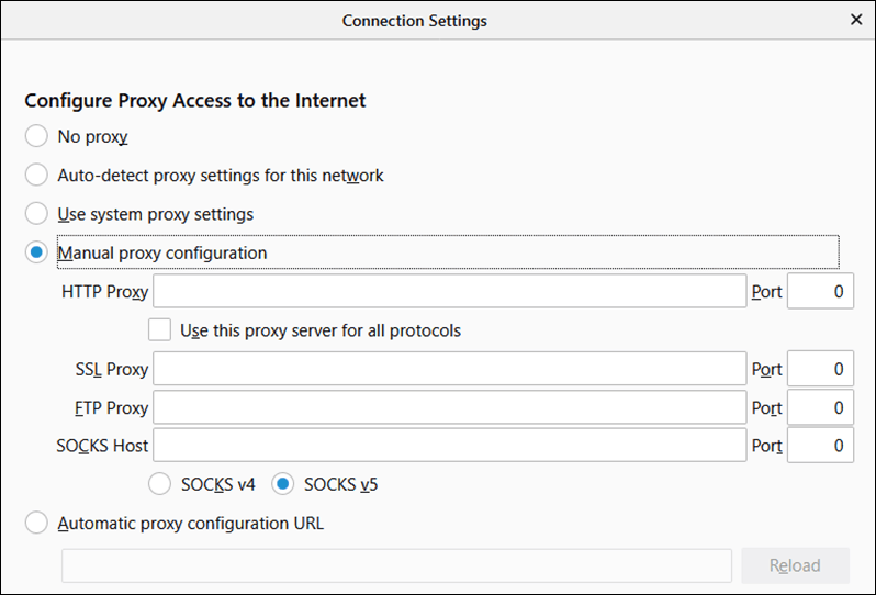 configurar o acesso do proxy à internet com o proxy manual selecionado