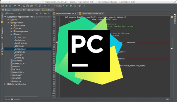 PyCharm IDE with the official PyCharm logo in the center