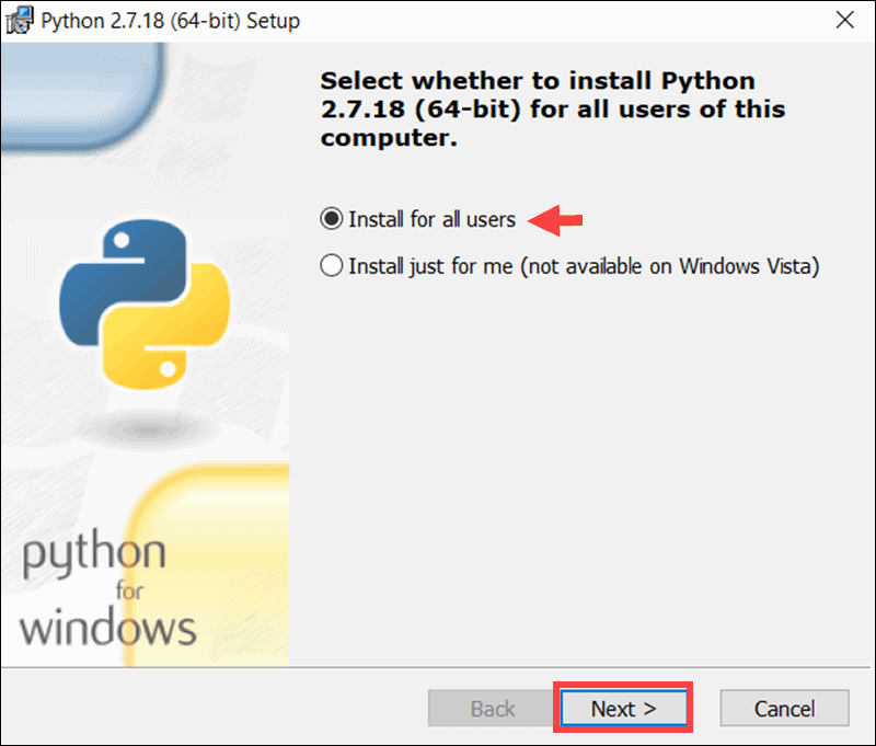 Install Python 2.7 for all users.