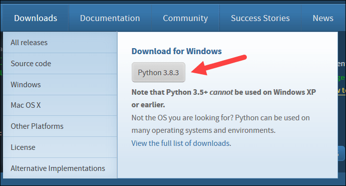 Python download page for version 3.8.3