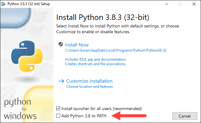 Python wizard 3.8.3, step to add Python to PATH