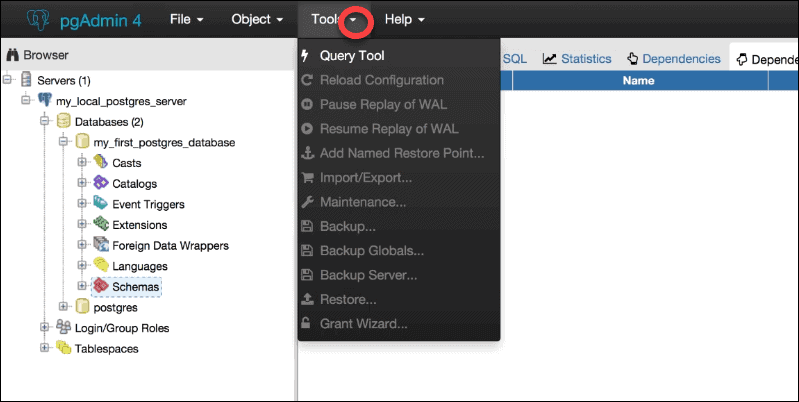 query tool to enter and execute queries