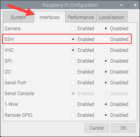 Raspberry Pi Interface Configuration menu with SSH option enabled.