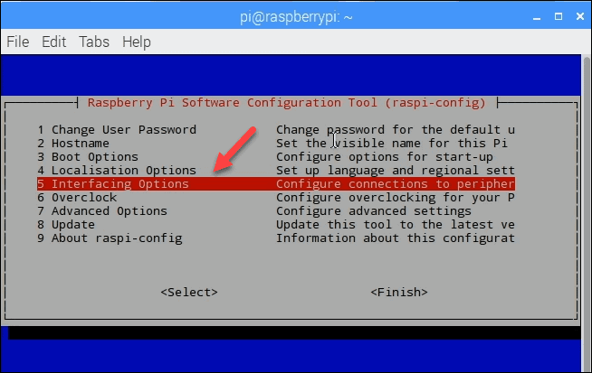 The selection menu after you run the raspi-config command. Interfacing Options is selected.