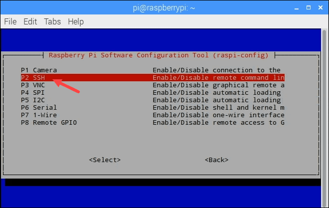 SSH option selection after you ran the raspi-config command from your terminal od Raspberry Pi.