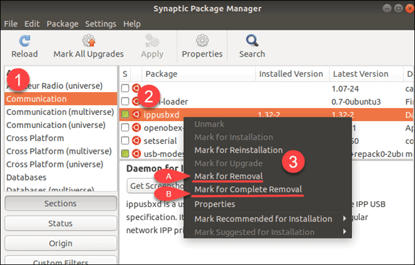 remove package using the synaptic package manager
