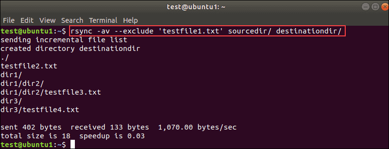 Rsync command in the terminal showing how to exclude a specific file.
