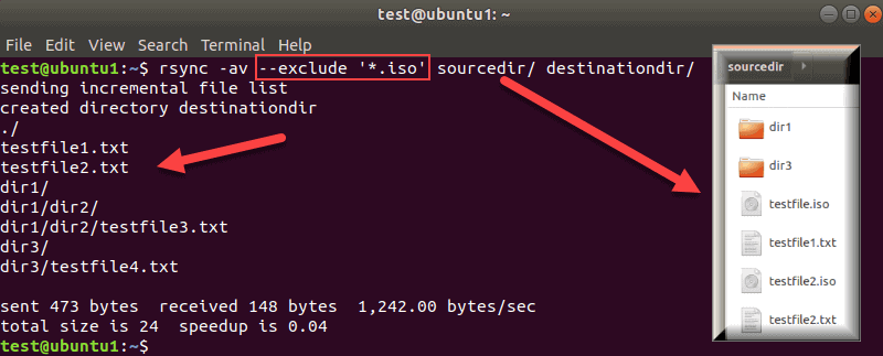 Terminal output for rsync command to exclude a certain file type from your backup.