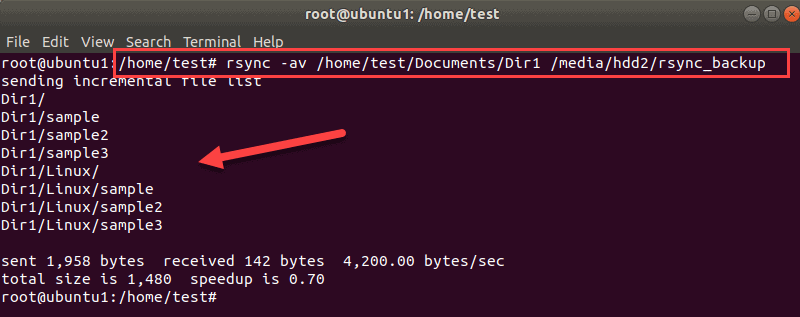 A terminal output when performing a backup of a directory on the same Linux machine using rsync.