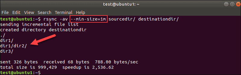 Terminal output for rsync command to exclude files with minimum file size