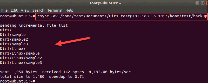 The terminal output when backing up data over network using rsync.