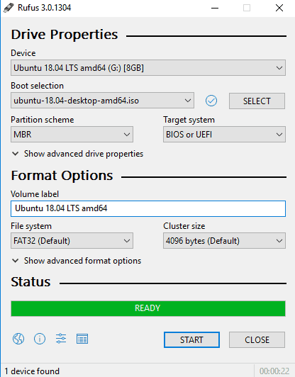 Creating a bootable USB with Rufus.