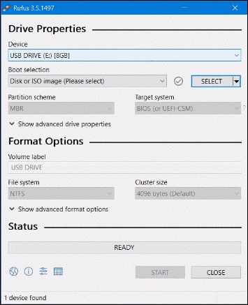 Configure drive properties for Rufus.