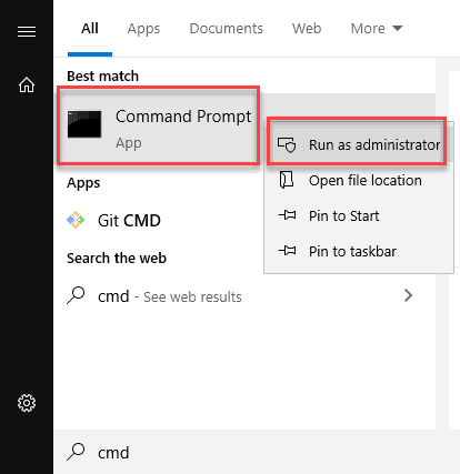 Image of how to run the Windows Command Prompt as an Admin user.