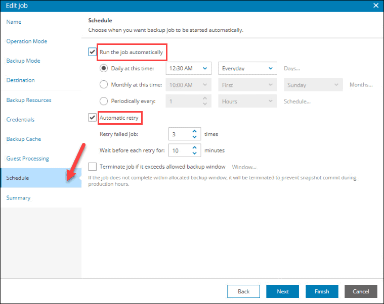 Backup job time and options for automatic retries. 