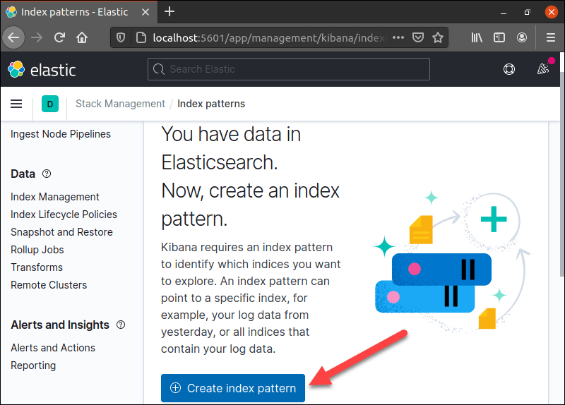 Visiting Kibana in Firefox to start creating index patterns