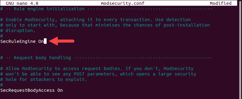 Configure the SecRuleEngine option to set up ModSecurity.