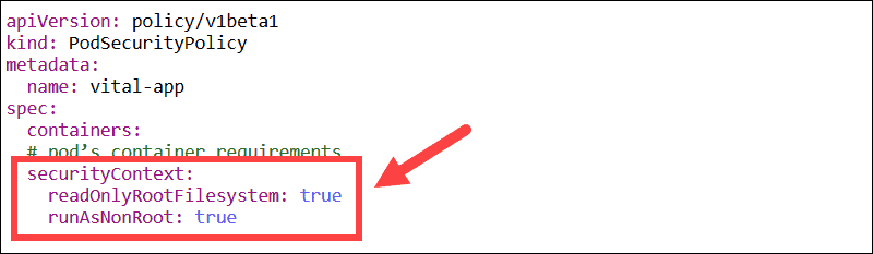 Define container security context in Kubernetes. Non-root user and read-only Filesystem.