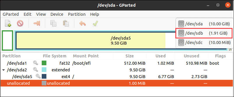 Selecting the USB drive in the GParted tool.