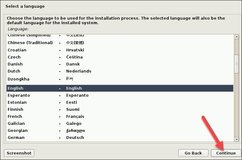 option to chose a language for debian 10