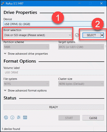 Select Rufus disk options.