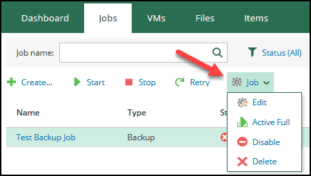 veeam self-service portal interface menu for disabling, editing, or deleting a job