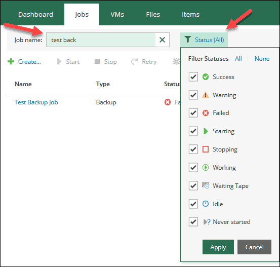 veeam self-service portal interface job search and filter