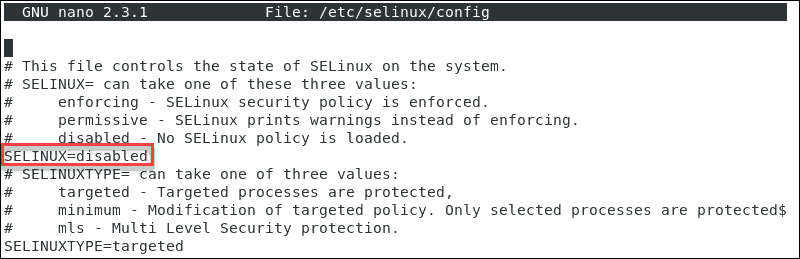 Image displays the line that needs to be edited to change selinux status to active.