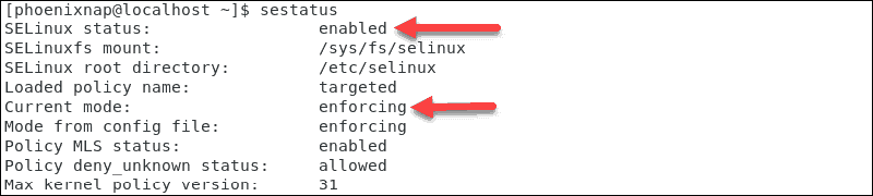 Confirmation that selinux is now active and in enforcing mode.