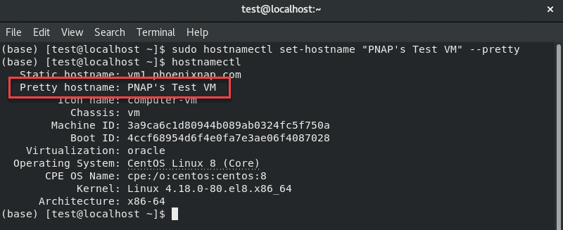 Set pretty hostname CentOS 8 with hostnamectl