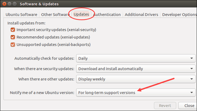 Configure Ubuntu to inform you when a new long term support version is available.