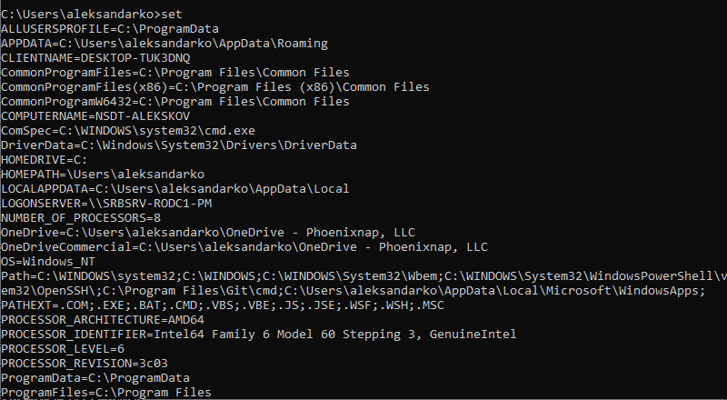 List all environment variables using the Command Prompt