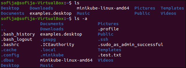 example of using the ls command to display hidden files in Linux