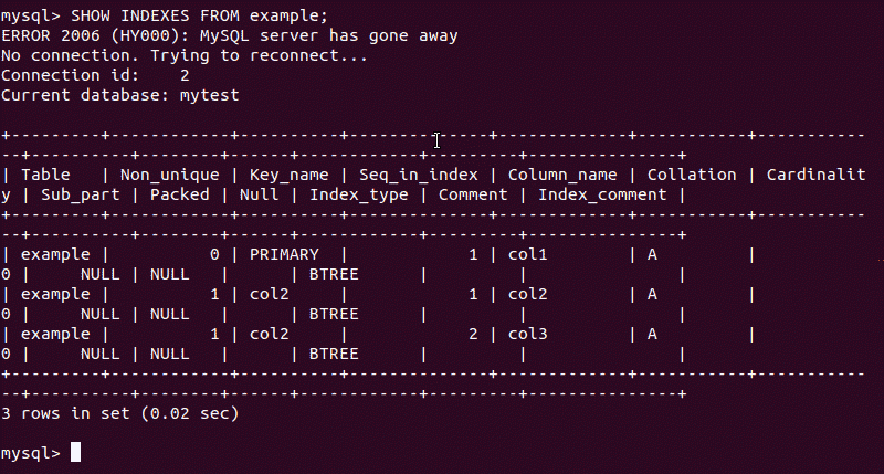 MySQL output that displays a MySQL index