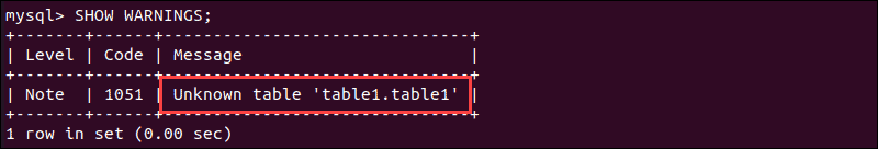 The SHOW WARNINGS statement tells us that table1 does not exist in the database.