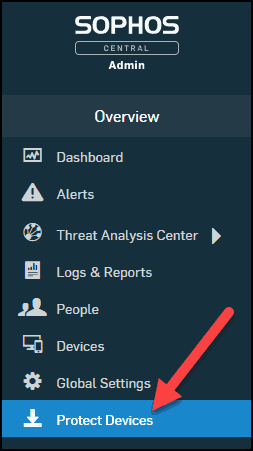 sophos central admin with protect device selected