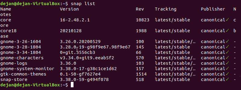 The command to list snap packages.