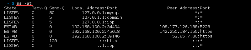 Terminal output of the command ss -at
