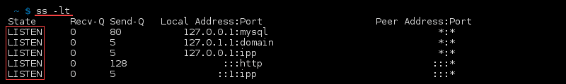 Terminal output of the command ss -lt